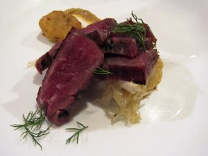Flank Steak, Rye, Sauerkraut, Spicy Mustard at Degustation, New York City