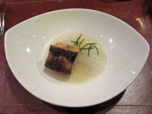 Sturgeon, Vegetable Caviar, Sea Beans at Degustation, New York City