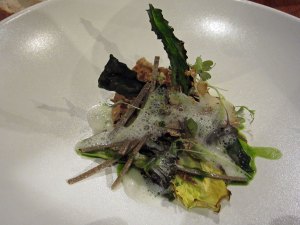 Grilled salad smoked over embers, Isle of Mull cheese, custard, cobnuts