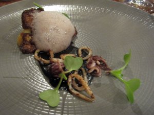 Roasted snow crown with young squid and elderberry vinegar