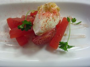 John Campbell Pop Up at The Pass - Watermelon with Moscatel Vinegar, Lime, Strawberry and Clotted Cream