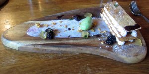 Blackberry Mille Feuille with Crab Apple Jelly, Wood Sorrel Sorbet, Lemon and Honeycomb